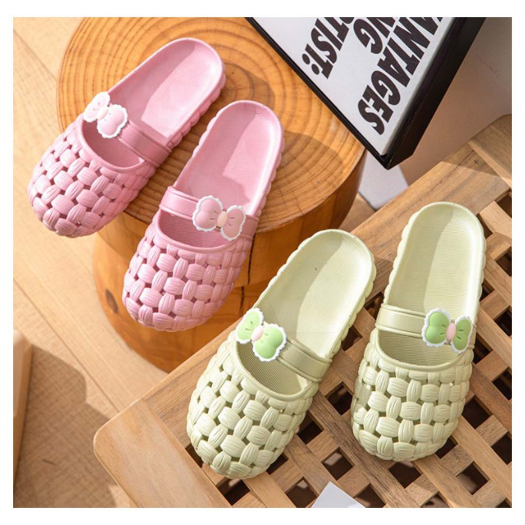 catalog-shoes-รองเท้าแตะยางนิ่ม-ทรงปิดหน้า-แต่งลายสานประดับโบว์-สีพื้น-6-สี-เบอร์-35-40-41