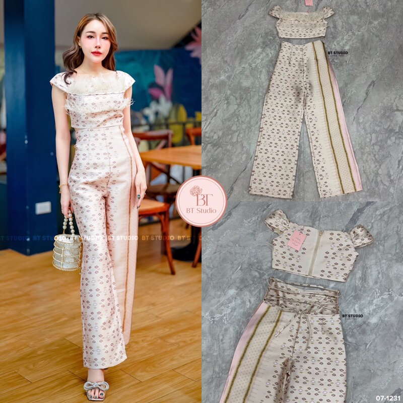 เซ็ตเสื้อครอปปาดไหล่-กางเกงขายาว-code-07-1231-ชุดทำบุญ-ชุดออกงาน-ชุดไปคาเฟ่-งานป้ายbt