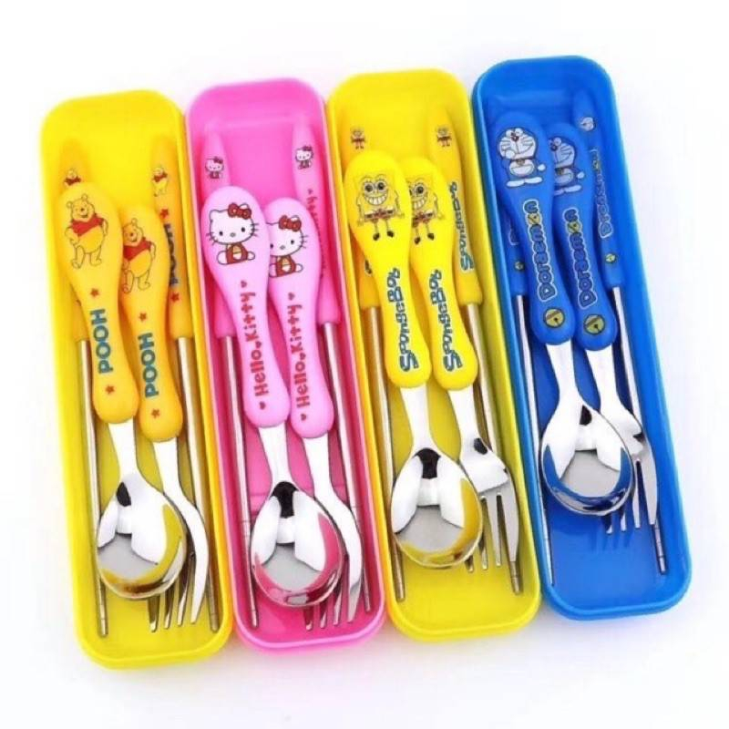 เซ็ทช้อนส้อมตะเกียบ-4in-1-ลายการ์ตูน-ขนาดพกพา-พร้อมกล่อง-พร้อมส่งในไทย