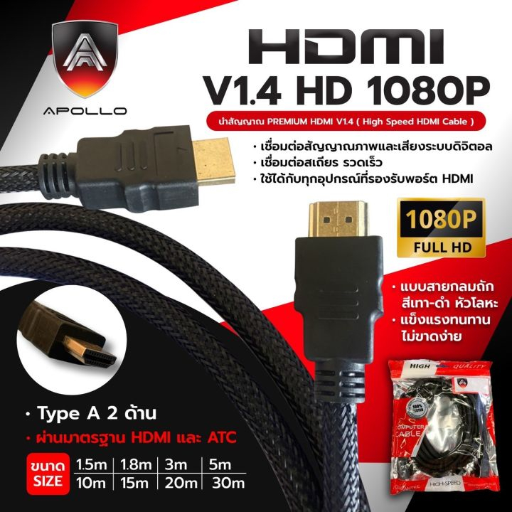 สาย-hdmi-cable-v1-4-hd-1080p-ยี่ห้อ-apollo-มีความละเอียดสูง-ทำให้ภาพคมชัด-สายถักอย่างดี-แข็งแรง-ทนทาน