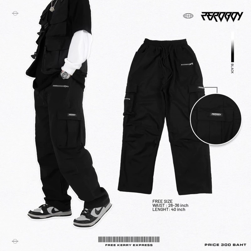 ZEROBOY - CARGO PANTS กางเกงคาร์โก้กระบอกใหญ่ 4 สี สีครีม สีดำ สีเทา สีเขียวขี้ม้า https://wayoza.com