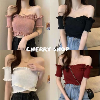 cherryshop พร้อมส่ง🔥เสื้อถัก🍒เสื้อเปิดไหล่แขนสั้นสาวฮอตสไตล์เกาหลีรุ่นใหม่
