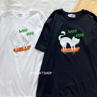 ✅พร้อมส่ง เสื้อยืด oversize สกรีนลาย Woo Hoo 🐈 (ผ้าคอตตอน)