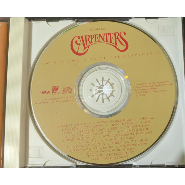 cd-carpenters-twenty-two-hits-of-the-carpenters-japan-ปกแผ่นสวยสภาพดี-แผ่นมีรอยบ้างไม่มากใช้งานได้-แผ่นลิขสิทธิ์แท้