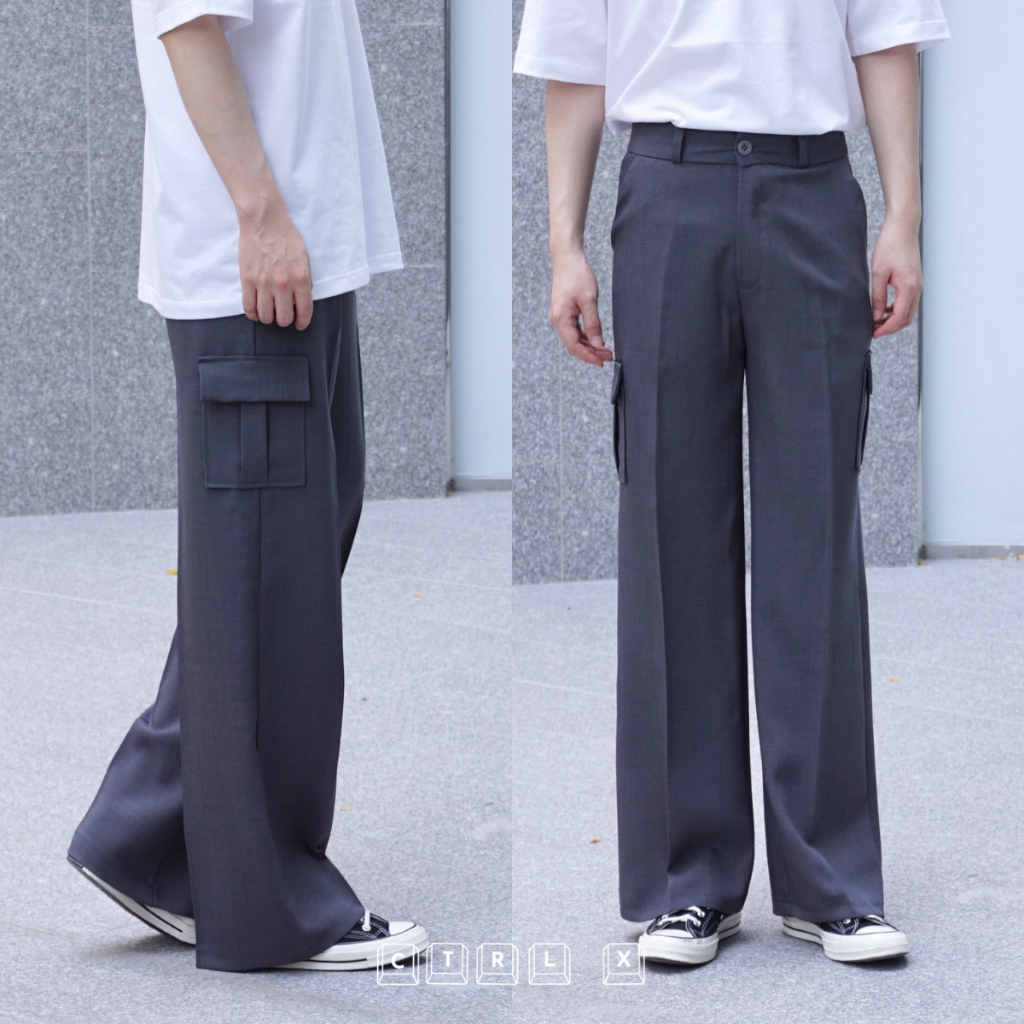 ctrlx-กาเกงคาร์โก้เอวสูงกระบอกกลางสไตล์เกาหลี-cargo-unisex-slack-pants-ผ้าสแลค