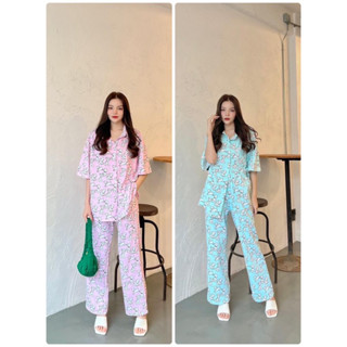 🧸เซต2ชิ้น เชิ้ตแขนสั้นคอปกกระดุมหน้างานสวยมาพร้อมกางเกงเอวยางยืดมีกระเป๋าล้วงข้างนะคะผ้านำเข้าพิมพ์ลาย