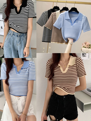 CTB1183 (พร้อมส่ง/ใหม่) เสื้อยืดแขนสั้นผู้หญิงเสื้อไหมพรมคอปกลายทางสไตล์เกาหลี แบบสวม free size