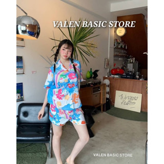 VALEN BASIC STORE 🌈🩵 ชุดนอนขาสั้นสีฟ้าลายหมีรุ้ง