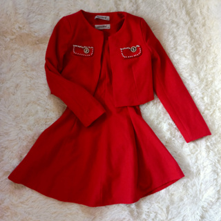 เดรสพร้อมเสื้อคลุมคาดิแกนสีแดง แบรนด์ญี่ปุ่น ผ้าหนา ซับในทั้งตัว