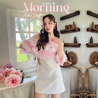 R157 Morning Tea cup : Mini Dress ปาดไหล่สก๊อตชมพูขาว