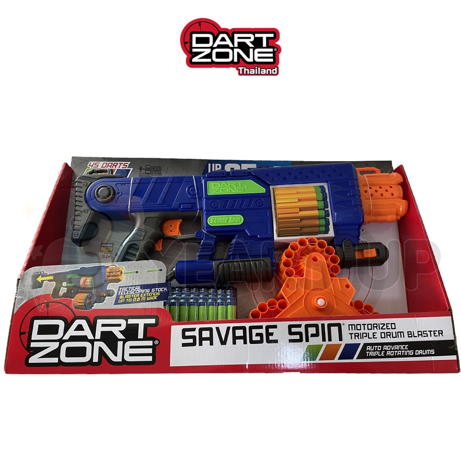 dart-zone-ปืนของเล่น-กระสุนโฟม-ดาร์ทโซน-ซาเวจ-สปิน-savage-spin-motorized-triple-drum-blaster-80-fps-ของเล่นเด็กผช-ปืนเด็กเล่น-เกมส์ยิงปืน-ลิขสิทธิ์แท้-พร้อมส่ง-adventure-force-soft-bullet-gun-toy-batt