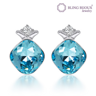 Bling Bijoux ต่างหู เหลี่ยม คริสตัล Aquamarine Blue Fire Swarovski เงินแท้