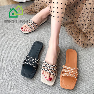Bring 2 Home : รองเท้าแตะแบบสวม แฟชั่นสไตล์เกาหลี สีพื้น ยางซิลิโคน สายคาดเป็นลายถักแบบไขว้สลับสี สินค้าพร้อมส่ง