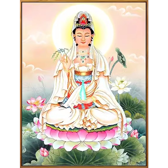 ชุดปักครอสติชพิมพ์ลาย-เจ้าแม่กวนอิม-ดอกบัว-guanyin-cross-stitch-kit