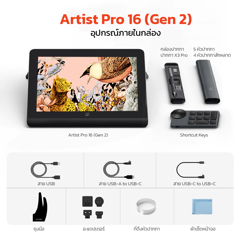 XPPen Artist Pro 16 (Gen 2) เมาส์ปากกา แบบจอวาด ขนาด 16 นิ้ว แรงกด 16,384 ระดับ รองรับการเอียงบรัช
