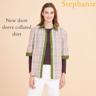 GSP Stephanie เสื้อเชิ้ตแขนสั้นสก็อต สีชมพูเขียวคอปกแขนและสาบกระดุมสีเขียว(OWS81PI)