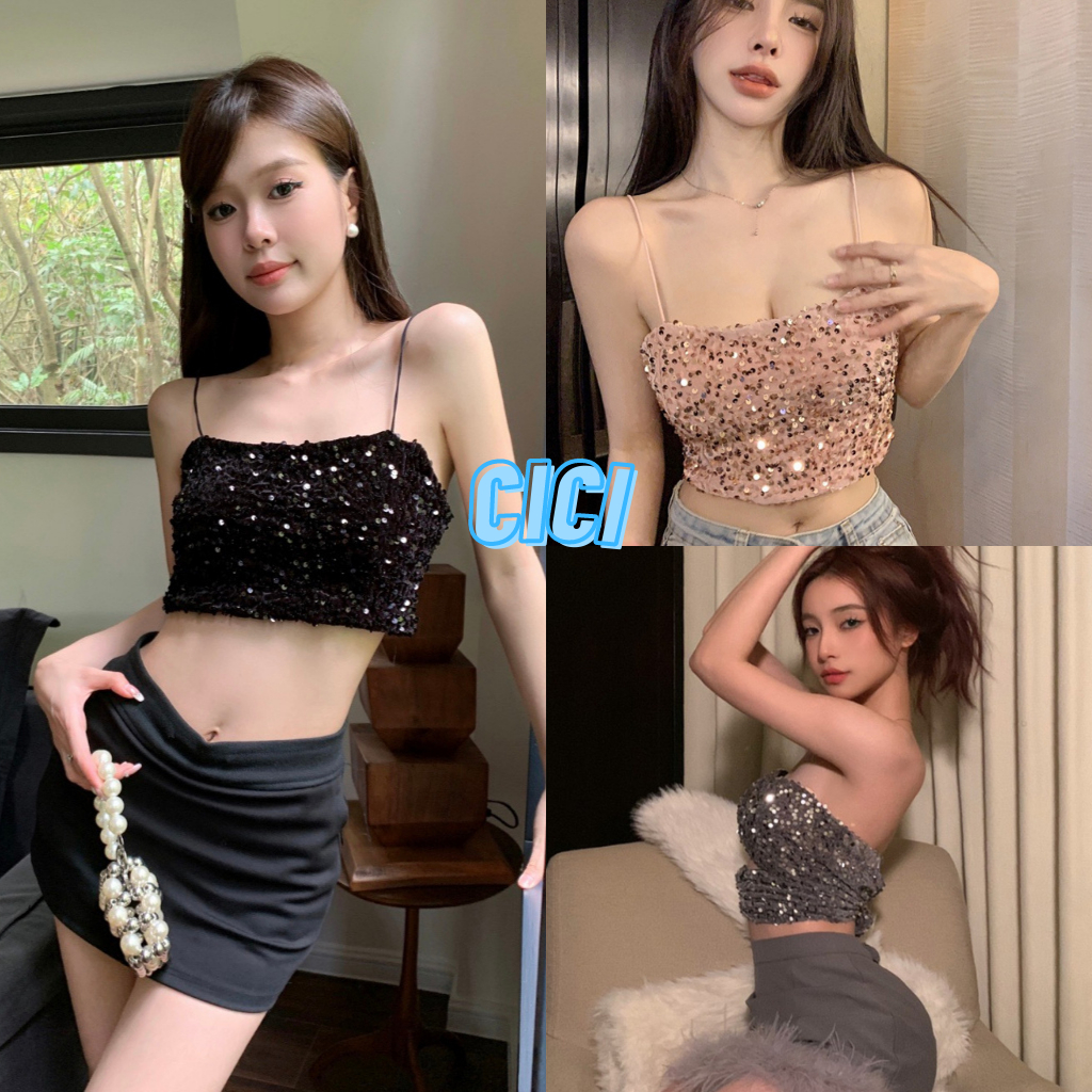 cici-no-j365-เสื้อครอปสายเดี่ยว-ดีเทลปักเลื่อมระยิบระยับเรียบหรูสวยแซ่บ