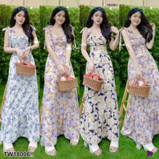 B18006 	แม็กซี่เดรสยาว ผูกไหล่ กระโปรงหางปลาลายดอกไม้ Long maxi dress, tie shoulder, fishtail skirt, floral pattern