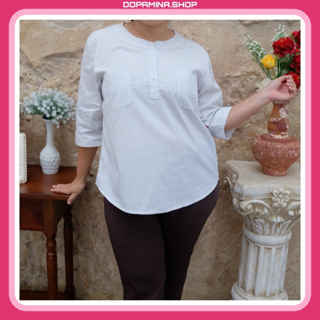 DOPAMINA เสื้อผ้าผู้หญิง แขนสามส่วน สีขาว [XL-4XL] รอบอก 40-46 นิ้ว [DPM-013 Winnie Blouse]