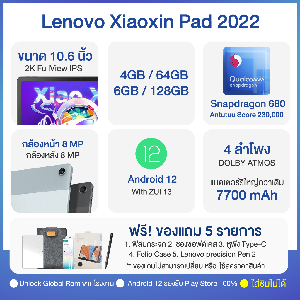 ภาพหน้าปกสินค้า(แถมปากกา+เคส) Tablet Lenovo Xiaoxin Pad 2022 10.6 นิ้ว 6/128GB Play Store ภาษาไทย ใส่ซิมไม่ได้ รับประกัน 1 ปีในไทย จากร้าน suc.seedshop บน Shopee