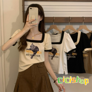 Cicishop(M2910)เสื้อไหมครอปพรมแขนสั้นคอเหลี่ย ลายน้องเหมียวแต่งขอบน่ารักมากกก