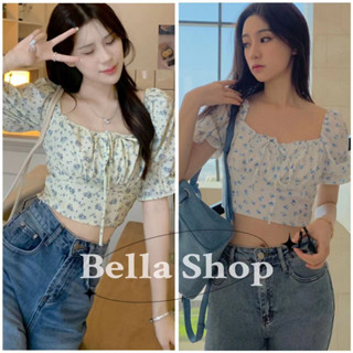 Bella🌻เสื้อยืด👕เสื้อครอปท็อป แขนพอง คอสี่เหลี่ยม ลายดอกไม้ สําหรับเด็กผู้หญิง✨พร้อมส่งจากกทม มาถึงใน 3-5 วัน