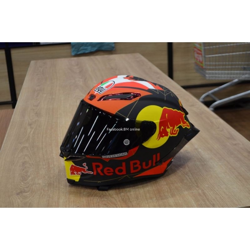 หมวกกันน็อคลายกระทิงแดง-red-bull-สีแดง-ทรงสปอร์ตสีส้มเต็มใบนักแข่ง-motogp