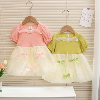 Babyonline(Y191)A1 ชุดเดรสเจ้าหญิงแขนตุ๊กตากระโปรงบอลลูนแต่งโบว์สุดน่ารัก