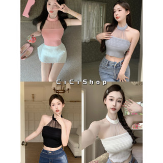 Cicishop(Y2153)เสื้อครอปแขนกุดผ้าไหมพรม ดีเทลคล้องคอผ้าชีฟอง แมทซ์ได้หลายสไตล์