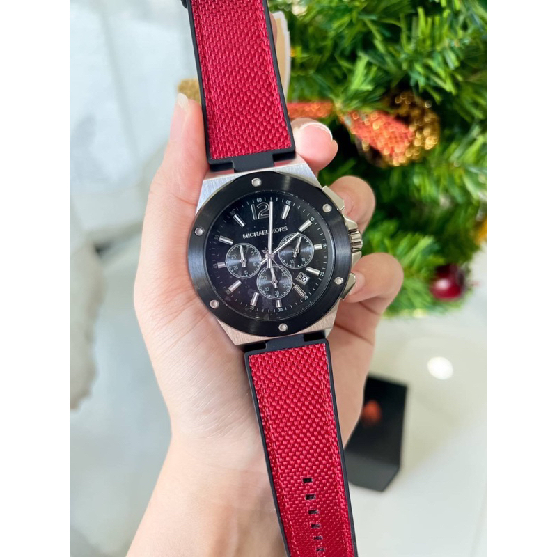 ผ่อน0-นาฬิกาชาย-michael-kors-lennox-chronograph-black-and-red-watch-mk8942-หน้าปัด-45mm-สายสีแดง
