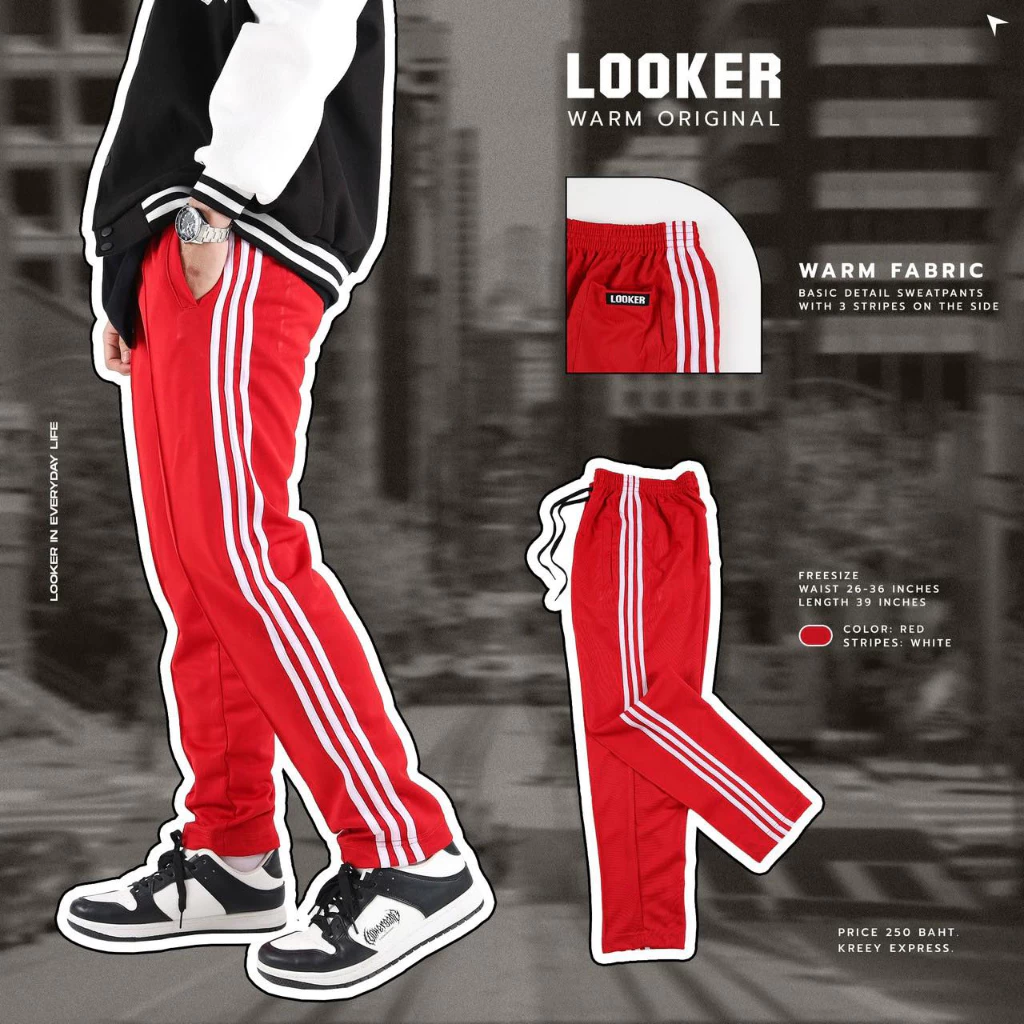 LOOKER - กางเกงขายาว กางเกงวอร์มขายาวรุ่นสามแถบ สีดำ สีขาว สีแดง สีเหลือง สีน้ำเงิน สีชมพู สีม่วง สีส้ม สีเขียวไมโล https://wayoza.com