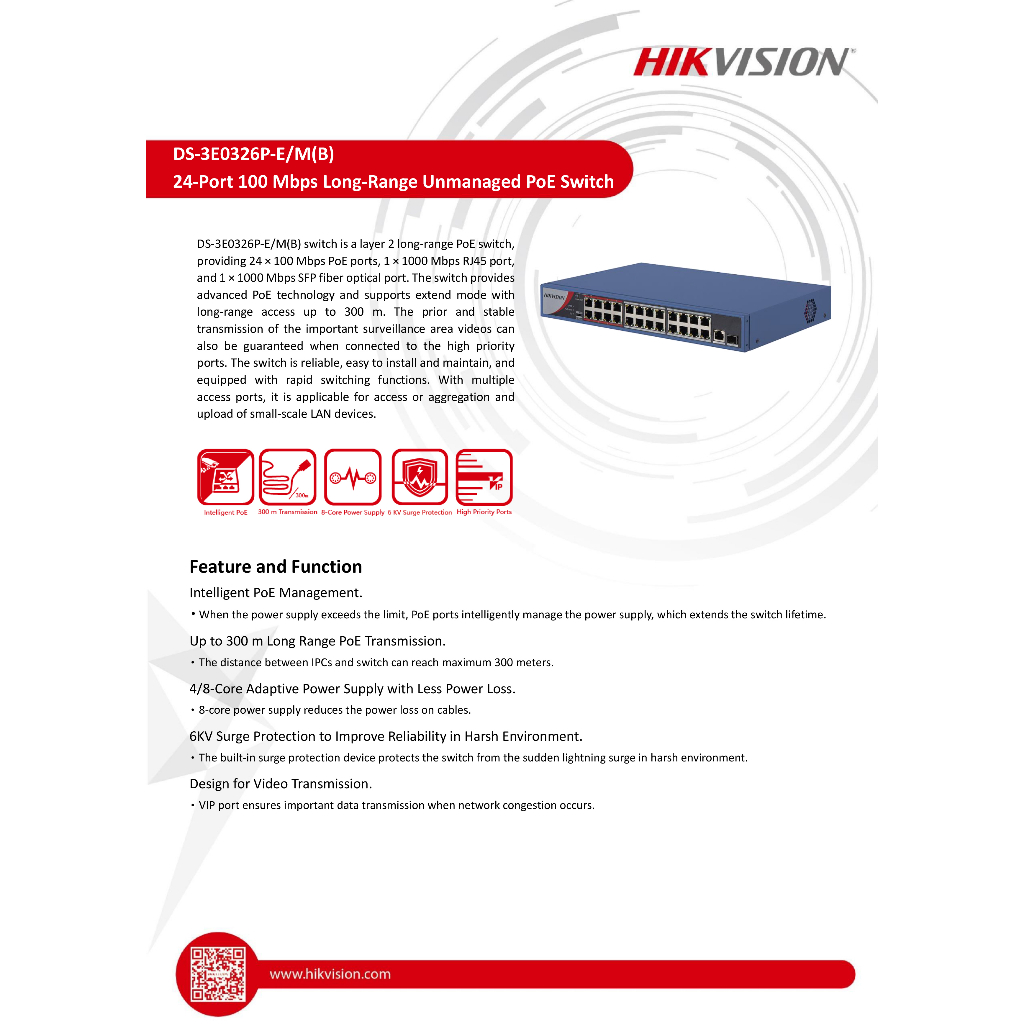 HIKVISION 24 Port Fast Ethernet Unmanaged POE Switch DS-3E0326P-E/M ...