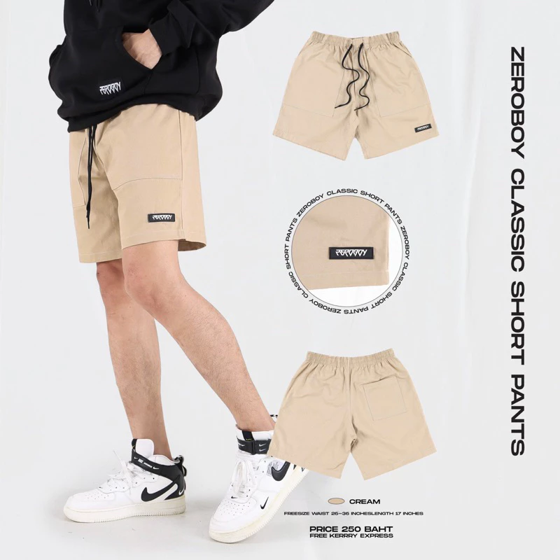ZEROBOY - กางเกงขาสั้นวินเทจ เอวยางยืด สีขาว สีครีม สีเขียวมิ้นท์ สีเทาอ่อน สีกรม สีดำ https://wayoza.com