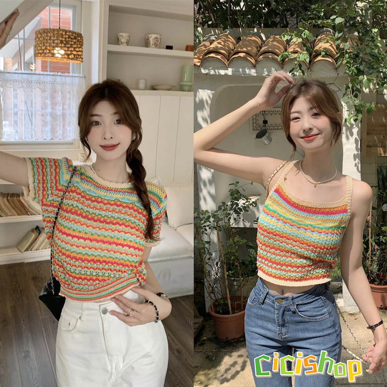 cicishop-t2172-t2162-knitt-tops-เสื้อสายเดี่ยว-เสื้อครอปไหมพรมถักสลับสี-แพทเทิร์นสวยสไตล์โคเรียสุดๆ