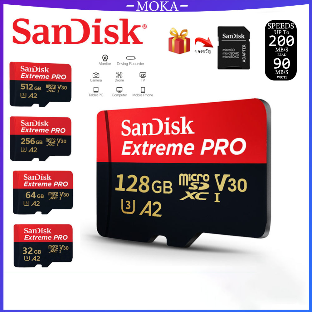 ภาพหน้าปกสินค้าSanDisk Extreme Pro microSDXC 512GB/256GB/128GB/64GB/32GB A2 (SDSQXCD-512G) ความเร็วสูงสุด อ่าน 200MB/s เขียน 140MB/s