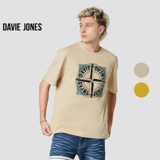 DAVIE JONES เสื้อยืดพิมพ์ลายโลโก้ ทรง Relaxed Fit สีเหลือง สีครีม Logo Print Relaxed Fit T-shirt in yellow cream  LG0051YE CR