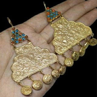 ต่างหู หินเทอร์ควอยส์ และ หินปะการัง แฮนเมด Afghan Turquoise & Coral Earrings Dangle Jewelry Gemstone Handmade