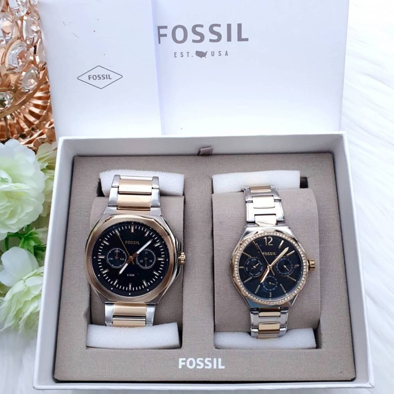 ผ่อน0-เซ็ทนาฬิกาคู่-fossil-his-and-hers-multifunction-two-tone-stainless-steel-watch-bq2752set-ปัดสีดำ-45mm-36mm