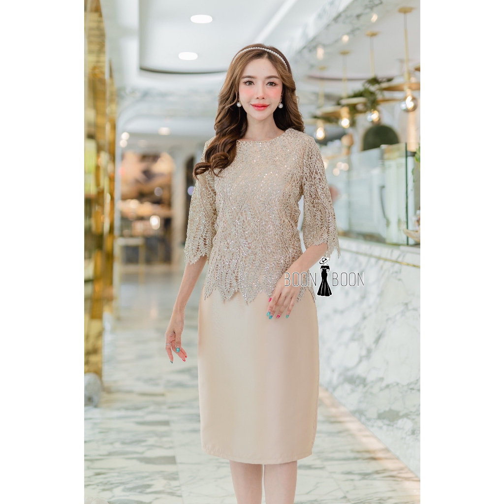 เดรสลูกไม้พรีเมียมไซส์ M-5XL พรางพุงสวยหรู งานแม่เจ้าบ่าว ราตรีสั้น มุมมองที่ 4