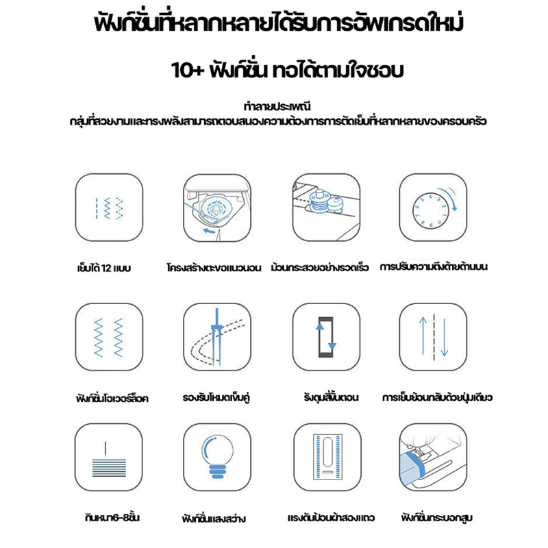 จักรเย็บผ้า-12ตะเข็บ-แถม-วิดีโอสอน-ฟังก์ชั่นโอเวอร์ล็อค-เย็บได้8ชั้น-ปรับความเร็วได้2