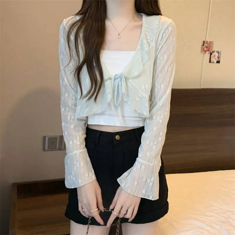 diary-8k90-เสื้อคลุมกันแดด-แขนยาว-สายผูกหน้าอก-ดีเทลปลายและแขนระบาย-น่ารัก-แมทช์ง่าย