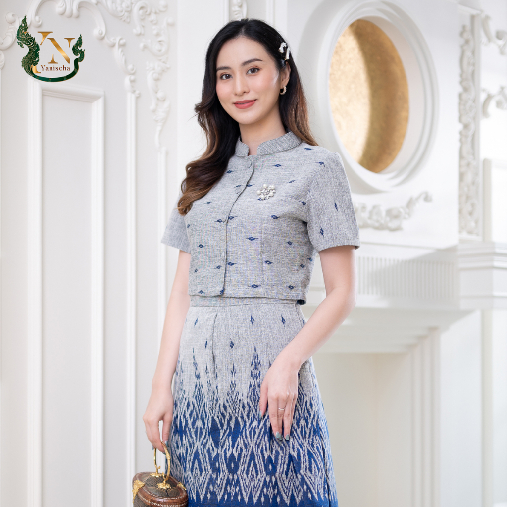 เซ็ทอมรรัตน์ ผ้าฝ้ายทอลาย สีเทา-น้ำเงิน งานช่างไทย 20 ปี พร้อมส่ง! มุมมองที่ 3
