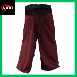 กางเกงโยคะ ขายาว กางเกงชาวเล ขาก๊วย ทรงตรง มีเชือกกระเป๋า ดำแดง Fisherman Pants Unisex Wrap Yoga Spa Trousers