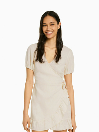 เดรสผูกเอว bershka linen wrap dress