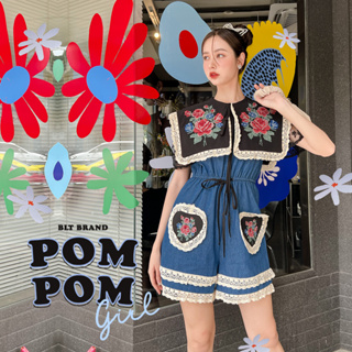 R46 Pompom Girl : Jumpsuit จั๊มสูทยีนส์ขาสั้นลายดอกไม้