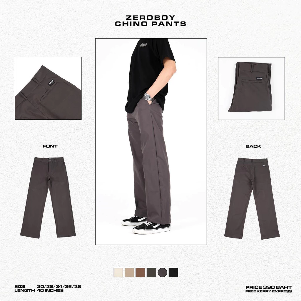 ZEROBOY- CHINO PANTS กางเกงขายาวทรงกระบอกตรง สีครีมขาว สีครีมเหลือง สีน้ำตาล สีเขียวขี้ม้า สีเทาเข้ม สีดำ https://wayoza.com