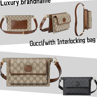 กุชชี่ GG Belt Bag with Interlocking Double G Logo/สไตล์ผู้ชาย/สไตล์ใหม่/กระเป๋าสะพายข้าง/กระเป๋าสะพายข้าง