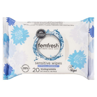 Femfresh Sensitive Wipes 20 Pack กระดาษทำความสะอาดจุดซ่อนเร้นสูตรอ่อนโยนพิเศษ