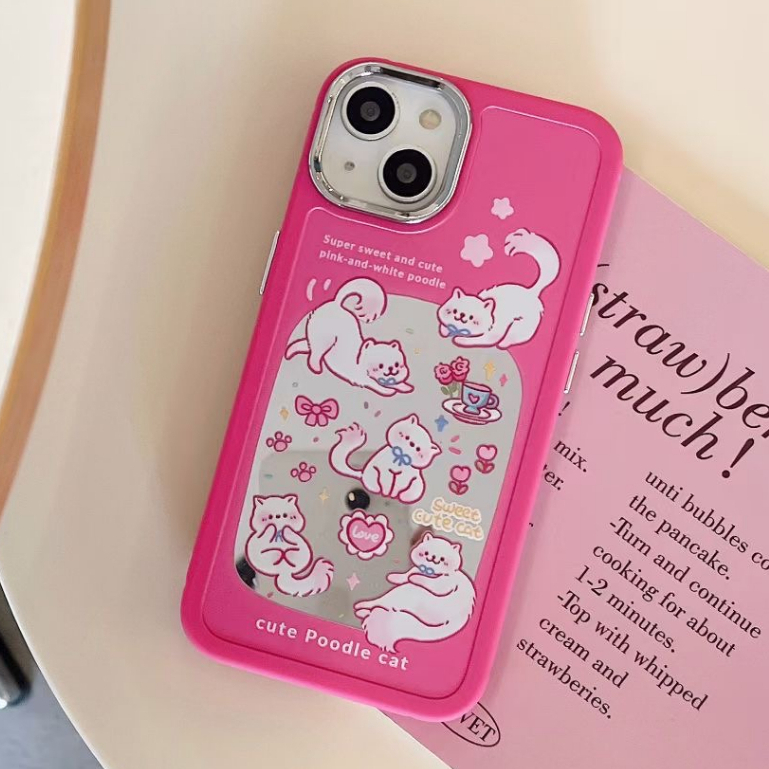 casephoneg-ป้องกันการหล่น-ขอบเต็ม-iphone-11-14-pro-max-พื้นผิวกระจก-การ์ตูน-ลูกแมว-ขอบสีชมพู-case-for-iphone-12-13