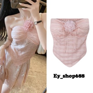 Ey_shop688#พร้อมส่ง✨09008#เสื้อเกาะอกผ้าไหมพรมแต่ลายดอก#เสื้อผ้ายืดได้มีฟองน้ำ